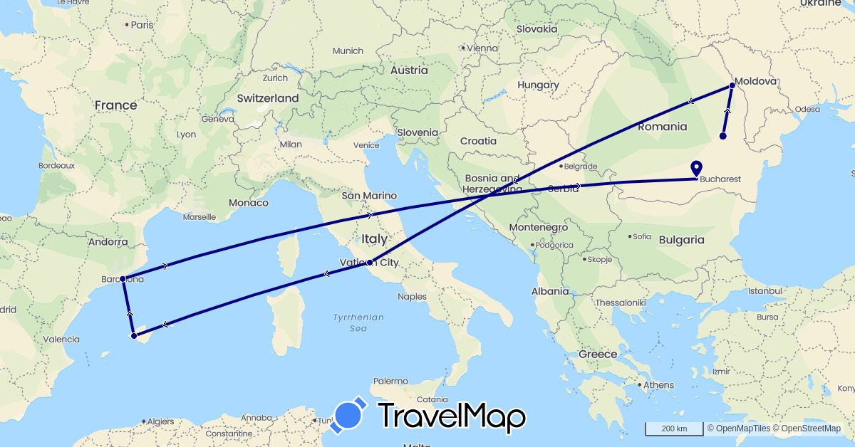 TravelMap itinerary: driving in Spain, Italy, Romania (Europe)